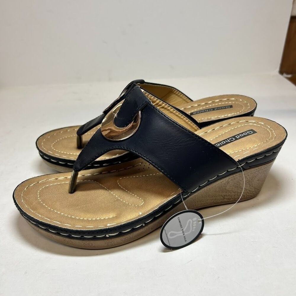 Good Choice Womens 8 M Black Faux Leather Genelle Wedge Sandals NIB KS9
